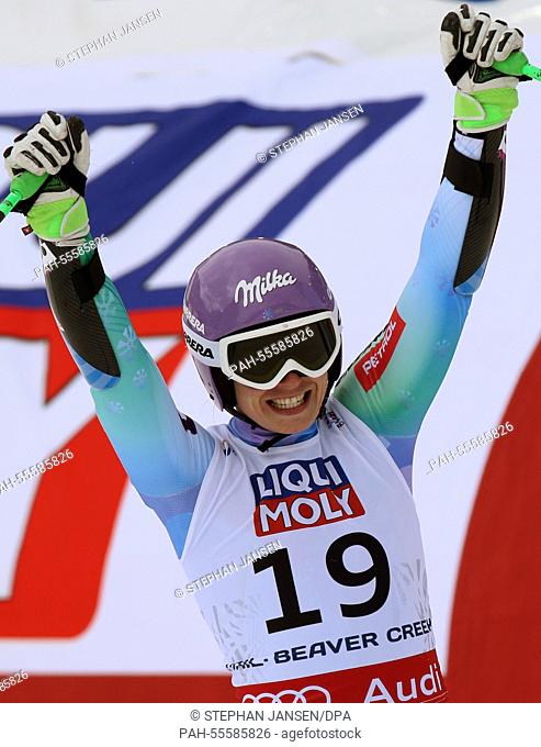 Tina Maze of Slovenia reacts after her run in the Ladies Super-G at at the 2015 Alpine Skiing World Championships in Beaver Creek, Colorado, USA