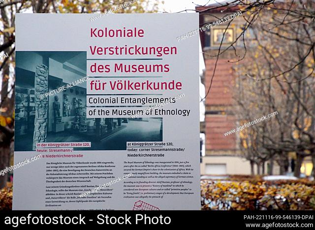 16 November 2022, Berlin: A memorial stele ""Colonial Involvements of the Museum of Ethnology"" was erected on the site of the former Museum of Ethnology
