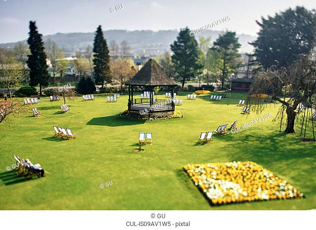 High angle view of deck chairs in park, Bath, UK
