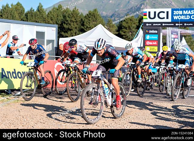 VALLNORD, ANDORRA - JULY 18 : CYCLIST in the MERCEDES-BENZ UCI MTB WORLD CUP MASTERS 2018 - XCO - XCC - DHI Vallnord, Andorra on July 18, 2018 in Vallnord