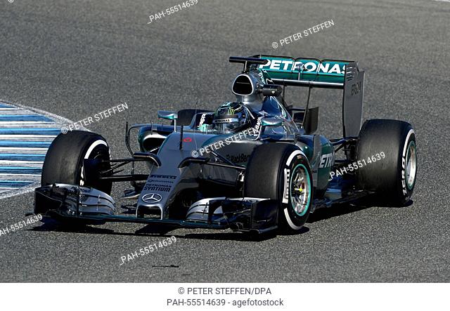 German Formula One driver Nico Rosberg of Mercedes AMG steers the new F1 W06 during the training session for the upcoming Formula One season at the Jerez...