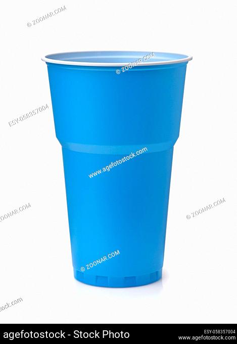 Front view of blue plastic disposable beer cup isolated on white