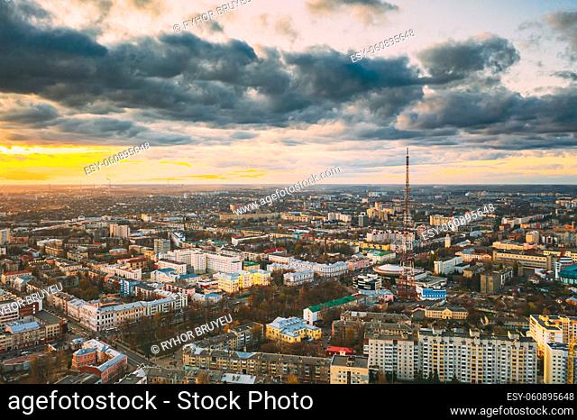 Gomel, Belarus. Aerial View Of Homiel Cityscape Skyline In Autumn Evening. Residential District During Sunset. Bird's-eye View. Gomel, Belarus