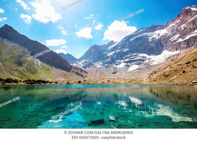 Beautiful serene lake in Fann mountains (branch of Pamir) in Tajikistan
