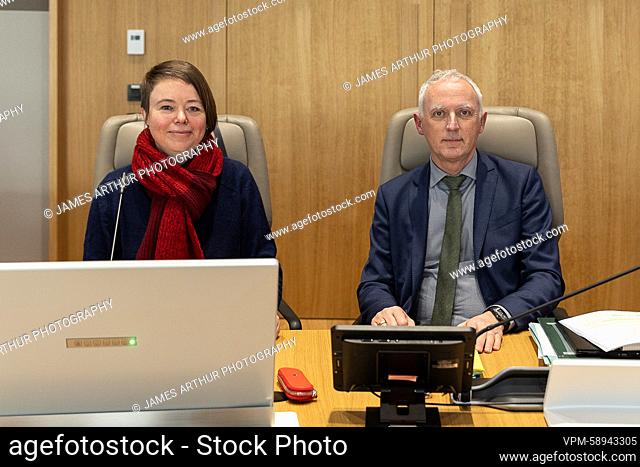 Brussels city council chairwoman Liesbet Temmerman (L) and Brussels city secretary Dirk Leonard (R) pictured during a meeting of the city council of Brussels...