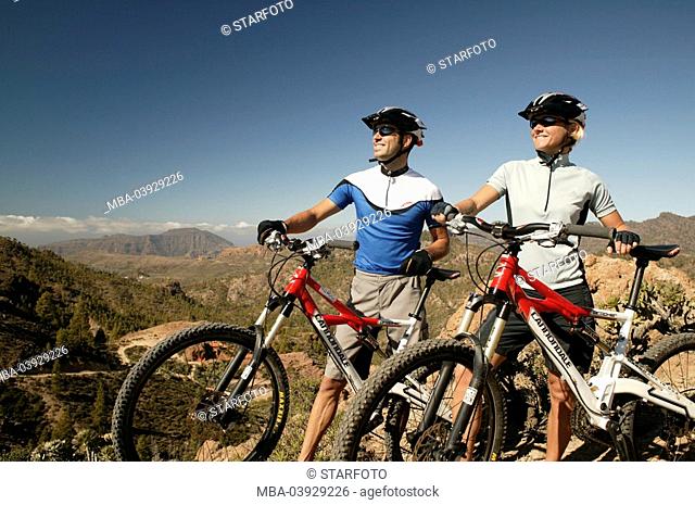 spain, Gran Canaria pair, mountainbiker, bicycles, athletically, pause, landscape