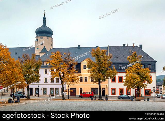 Main square with church tower in Marienberg, Germany