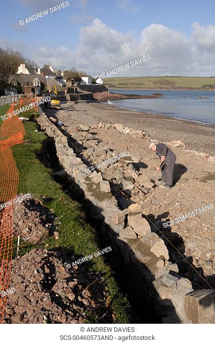 Sea wall construction, Dale, Pembrokeshire, Wales, UK, Europe