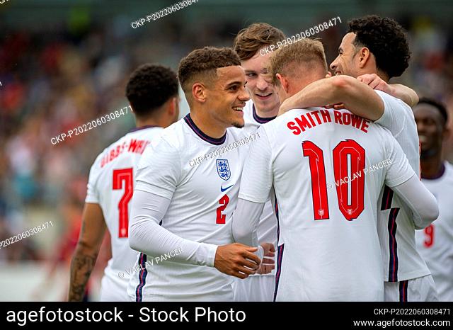 Emile Smith Rowe (back) of England celebrates first goal during the 2023 UEFA European Under-21 Championship qualification Group G: Czech Republic vs
