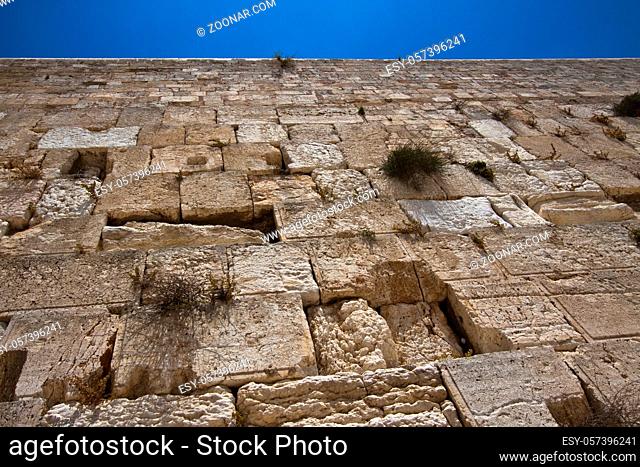the western wall in jerusalem and blue sky
