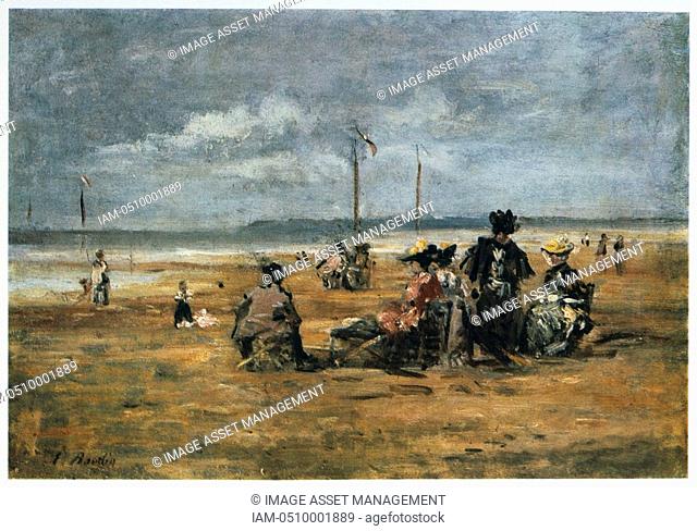 On the Beach', c1863. Oil on board: Eugene Boudin 1824-1898 French landscape and marine painter. Women sitting in chairs on the sand