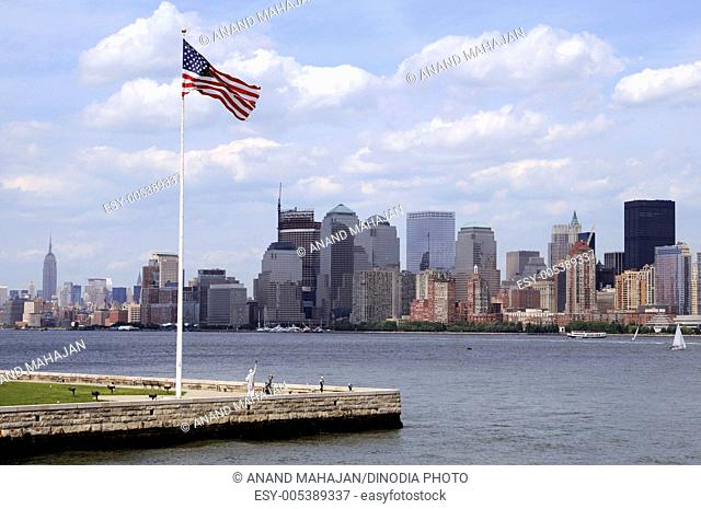 View of Manhattan and Hudson river with flag of USA ; New Jersey ; New York ; USA United States Of America