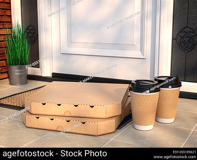 Pizza and coffee buying online and devilery. Pizza cardboard boxes and coffee plastic cup in front of door. 3d illustration