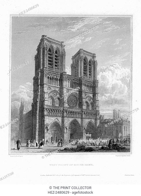 West front of Notre Dame, Paris, France, 1822. The Gothic Cathedral of Notre Dame de Paris was begun in the 12th century
