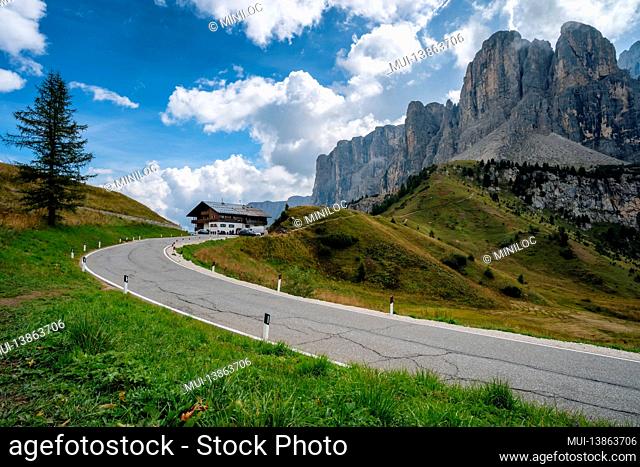 Summer scenery of road over Val Gardena pass, Dolomiti, Italy