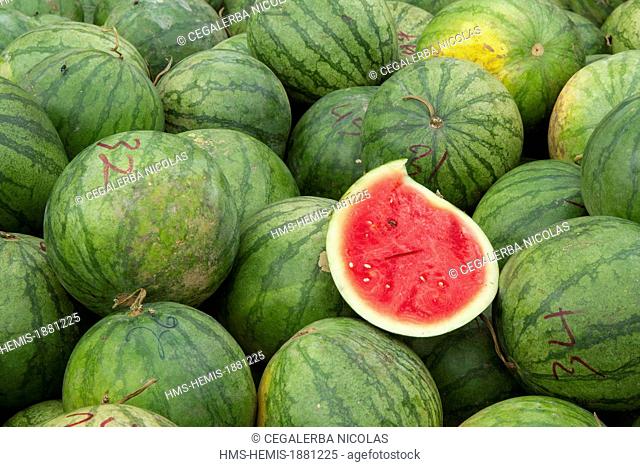 Indonesia, Sumatra Island, Aceh province, Takengon, Watermelons in Takengon market
