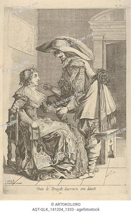 Man offers woman a coin, Salomon Savery, Pieter Jansz. Quast, Cornelis Danckerts