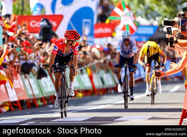 Belgian Remco Evenepoel of Quick-Step Alpha Vinyl celebrate after winning stage 18 of the 2022 edition of the 'Vuelta a Espana', Tour of Spain cycling race