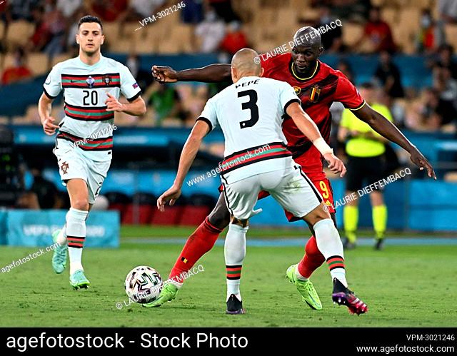 Portugal's Pepe and Belgium's Romelu Lukaku fight for the ball during the round of 16 game of the Euro 2020 European Championship between the Belgian national...
