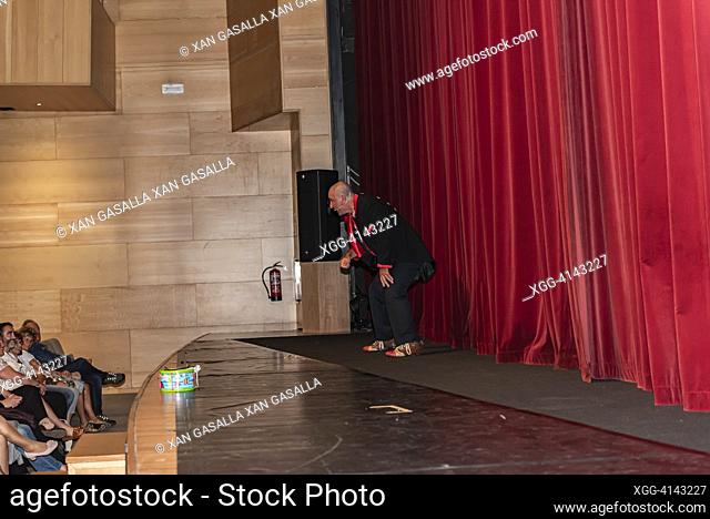 Cangas, Pontevedra, Spain. Jun 25th 2023. The town crier, Lois Soaxe, of the 40th edition of the festival giving the proclamation in the auditorium