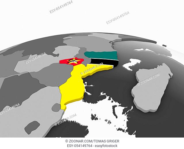 Mozambique on gray political globe with embedded flag. 3D illustration