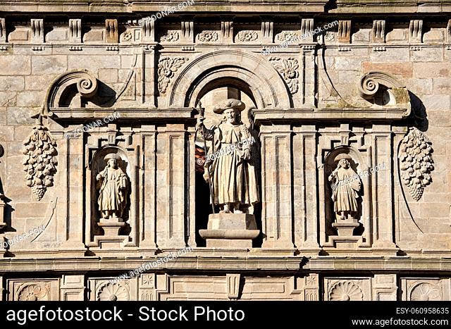 Sculpture of Santiago the Apostle and his disciples. East facade of Santiago de Compostela Cathedral