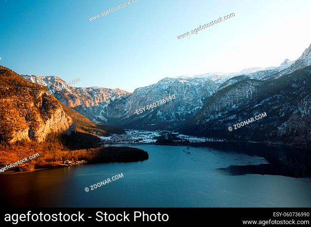 view of famous Hallstaetter Lake in the Austrian Alps, region of Salzkammergut, Austria in Winter