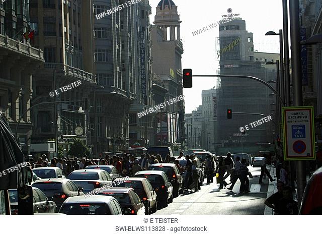 rush-hour traffic at Gran Via, Spain, Madrid