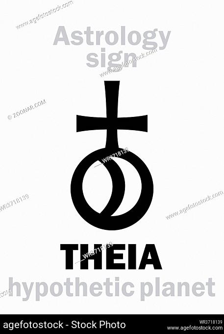 Astrology Alphabet: THEIA (Proto-Moon), hypothesized ancient planet that formed the moon. Hieroglyphics character sign (symbol)