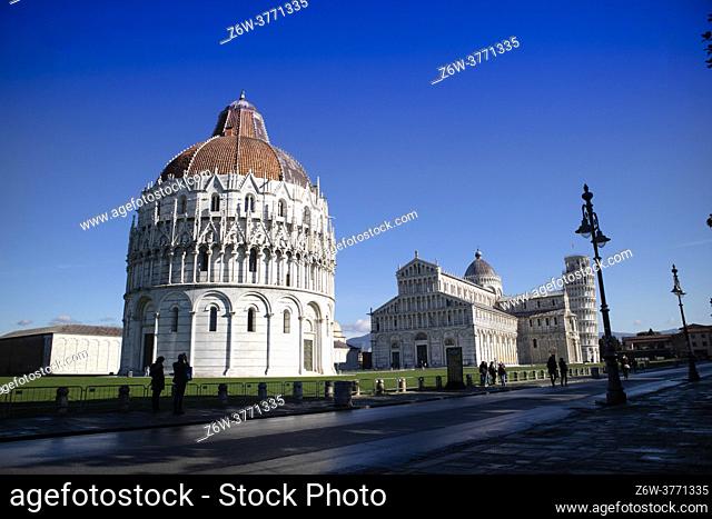 Perspective view of the architecture of the Piazza dei Miracoli in Pisa Tuscany Italy
