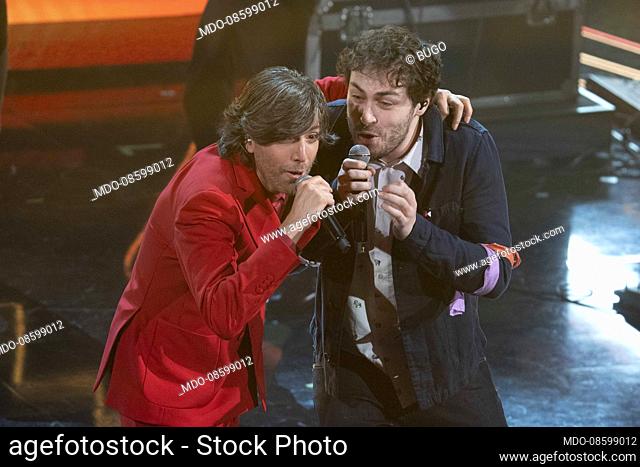 Bugo and Riccardo Zanotti of the Pinguini Tattici Nucleari at the third evening of the 71 Sanremo Music Festival. Sanremo (Italy), March 4th, 2021