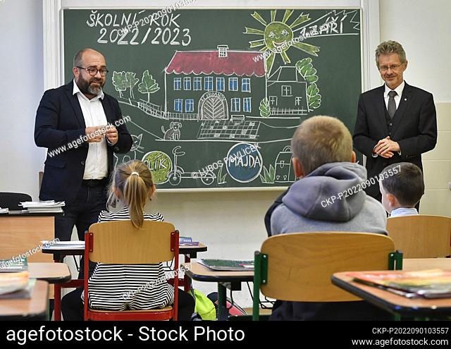 Czech Senate chairman Milos Vystrcil (ODS) meets pupils from small-class school with 24 children only, at beginning of new school year in Urbanov