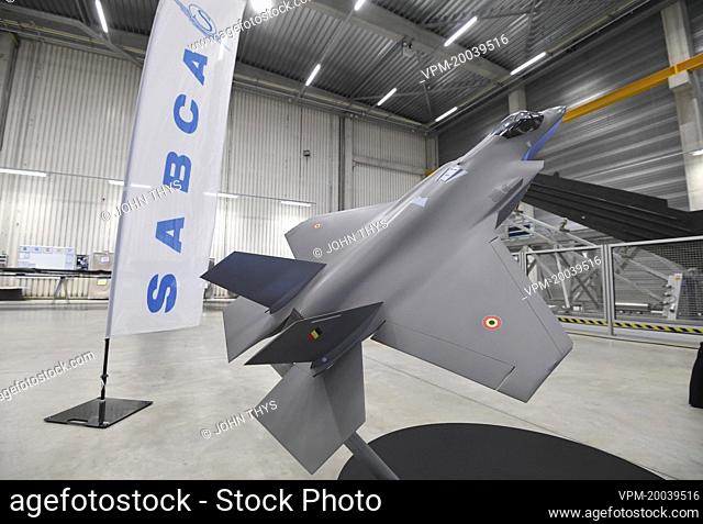 A scale model of the F-35 is pictured during the inauguration ceremony of Sabca's new production hall for the horizontal tailplane of the F-35 fighter aircraft