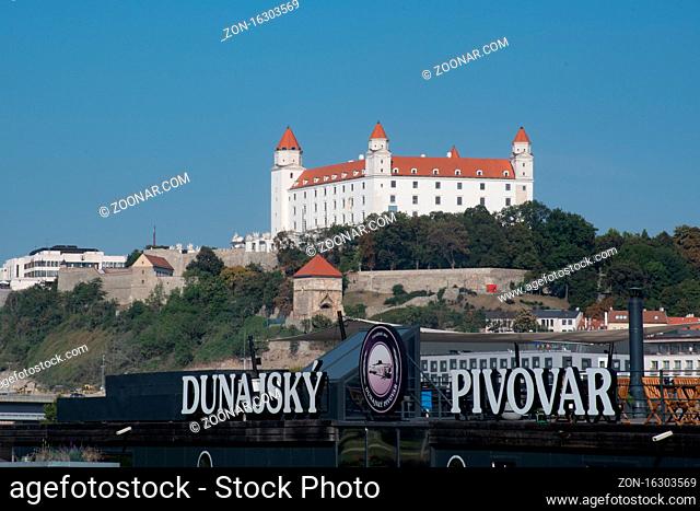 Bratislava Slovakia 21 September 2020: Castle with floating bar restaurant in foreground
