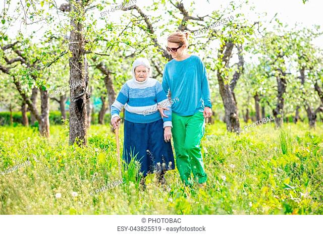 Senior woman supported by granddaughter walking in blossoming orchard