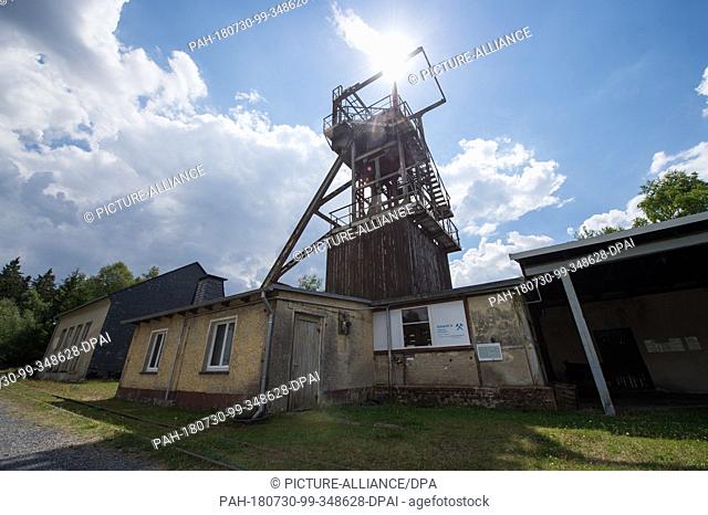 27 July 2018, Germany, Lehesten: View of Shaft IV in Lehesten Slate Park. From 1961 onwards, the winding tower was used to mine slate underground