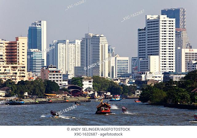 Chao Phraya River and Bangkok Skyline, Thailand