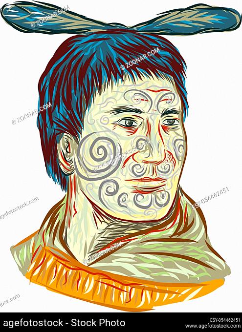 Drawing sketch style illustration of Maori chief warrior chieftain head with tattoos on face and feather on head set on isolated white background