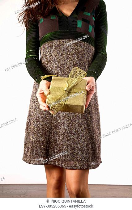 woman with golden gift box