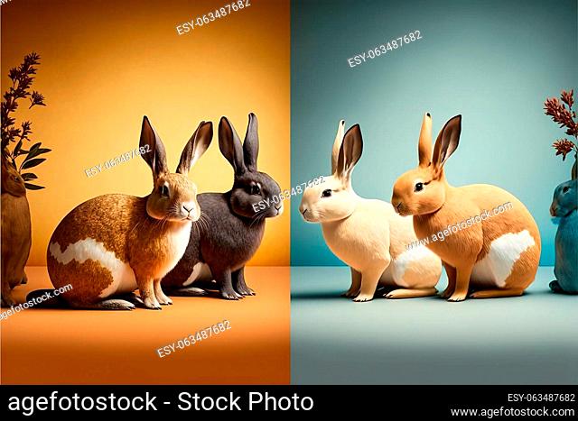 Set of Chinese rabbits on color background