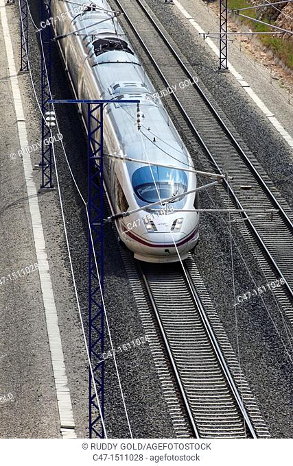 Spain, Catalonia, Lleida province, High Speed train, AVE Series 103 taken near Vinaixa viaduct