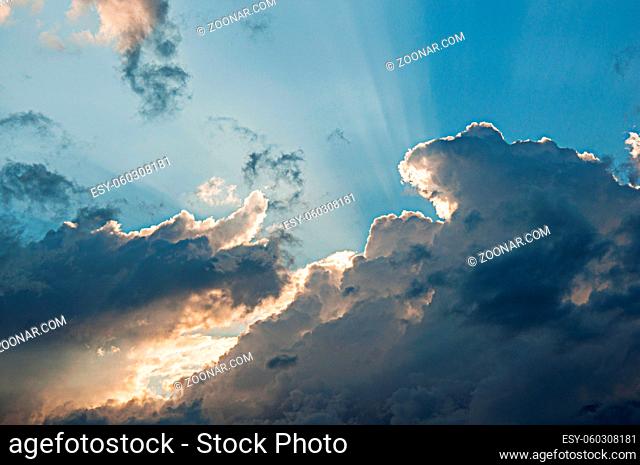 Dramatic view of blue sky with sunset light through the clouds at Saint-Gervais-Les-Bains/Le Fayet. A famous ski resort located in the Haute-Savoie Province
