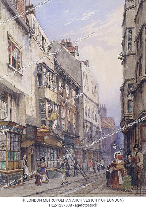 View of Bell Yard near Chancery Lane, London and Fleet Street, 1835; showing a street scene including a family group, window cleaner