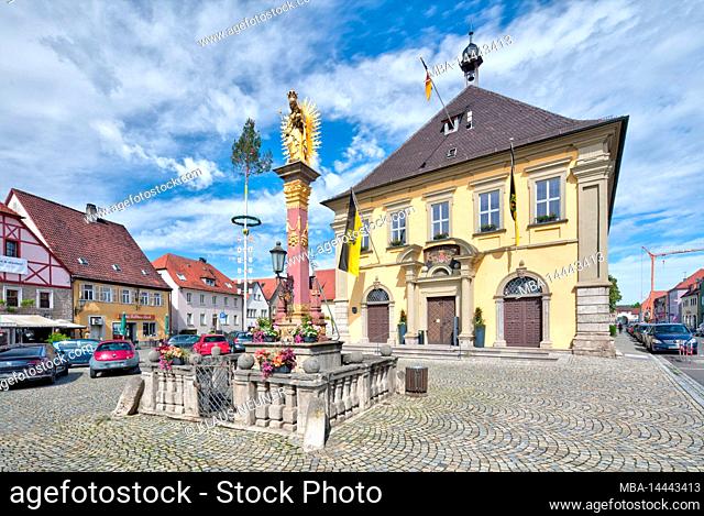 To the little wine bell, maypole, Mary's column, town hall, marketplace, house facade, town view, Eibelstadt, Franconia, Germany, Europe