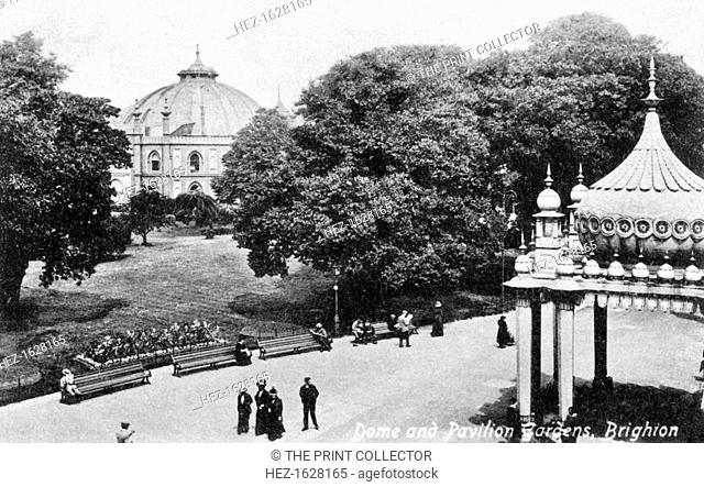 Dome and Pavilion Gardens, Brighton, early 20th century. Postcard from Valentine's Series. The Brighton Dome was built for the Prince of Wales (the future King...