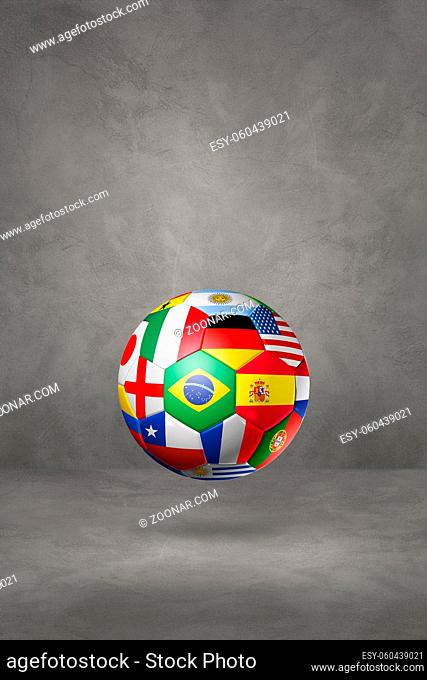 Football soccer ball with national flags isolated on a concrete studio background. 3D illustration