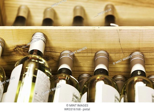 Close up of crates of wine bottles