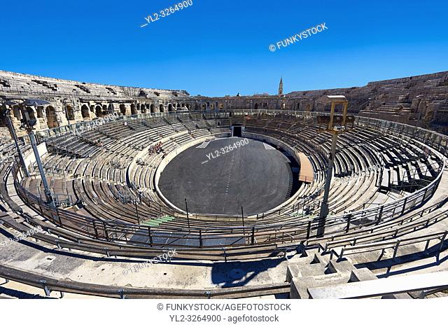 Interior of the Arena of Nemes, a Roman Ampitheatre built around 70 AD during the reign of Emperor Augustus, Nimes, France