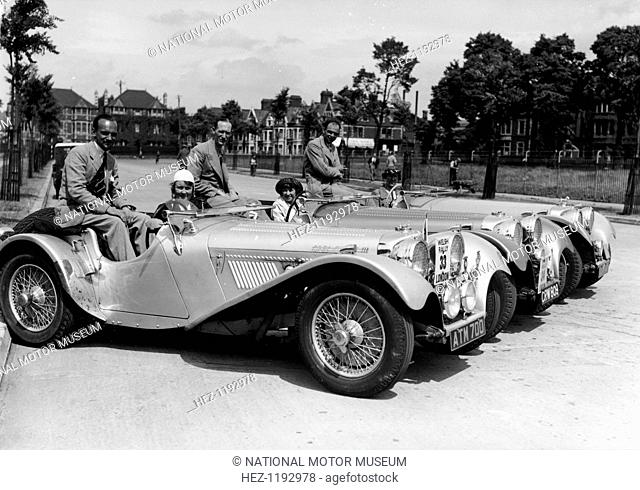 1937 Jaguar SS100 2 1/2 litre team on the Welsh Rally, 1937. One of the cars was victorious in class for open cars over 15 hp at the event