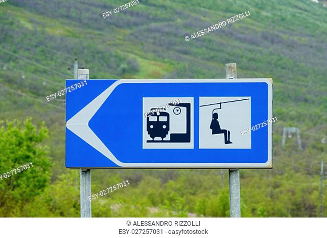 Train station and ski lift signs in Abisko National Park, Sweden, Europe